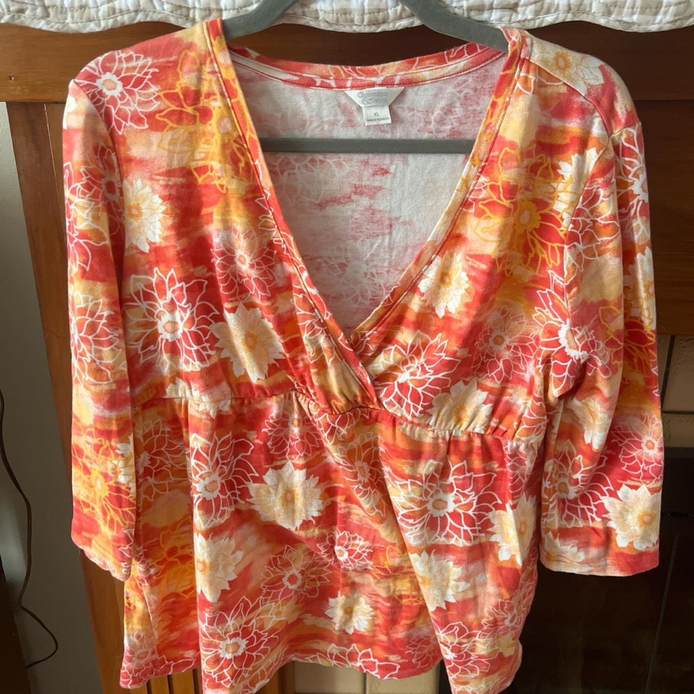 Christopher & Banks Coral and Yellow Floral V-Neck Peplum Top